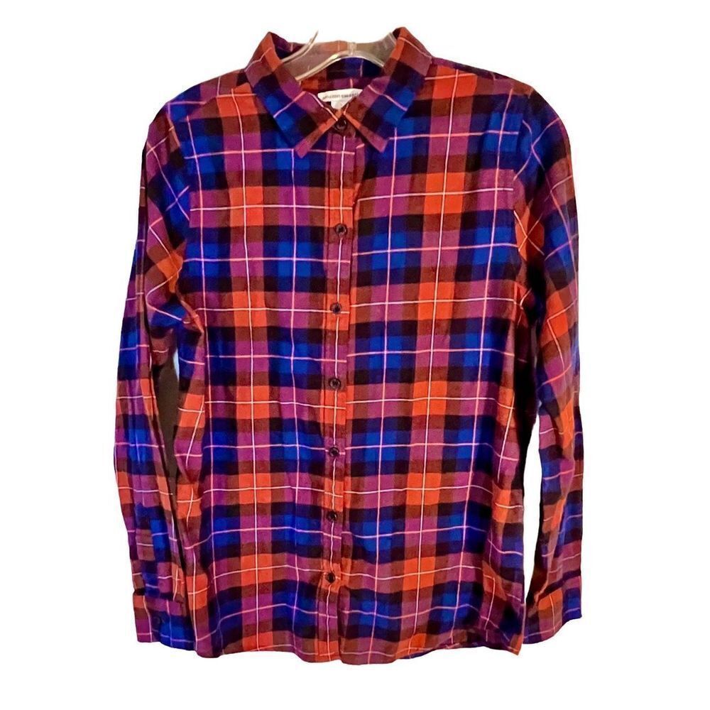 Amazon Essentials Brown/Blue Plaid Button Front Shirt Sz Small